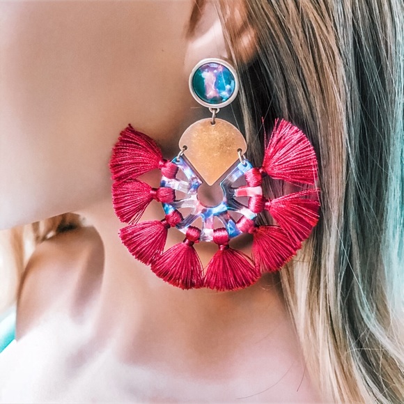 NEW! Acrylic Stud Post Tassel Hoop Earrings - Picture 2 of 11